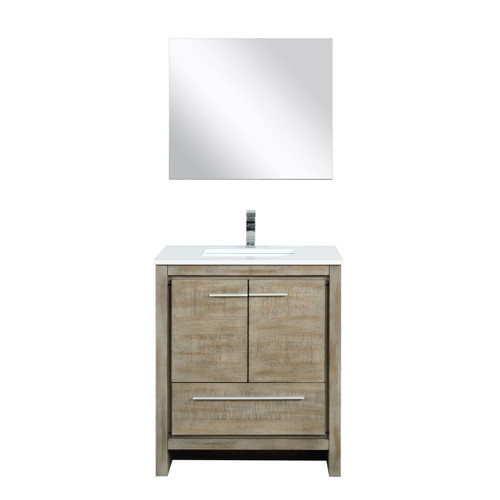 Lexora LLF30SKSOSM28FCH Lafarre 30 inch W x 20 in D Rustic Acacia Bath Vanity Cabinet, White Quartz Top, Chrome Faucet Set and 28 in Mirror
