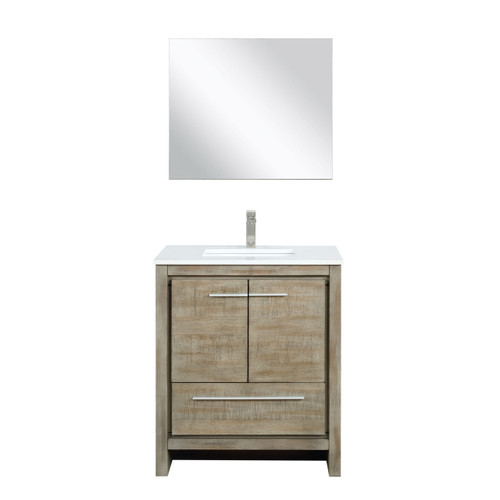 Lexora LLF30SKSOSM28FBN Lafarre 30 inch W x 20 in D Rustic Acacia Bath Vanity Cabinet, White Quartz Top, Brushed Nickel Faucet Set and 28 in Mirror