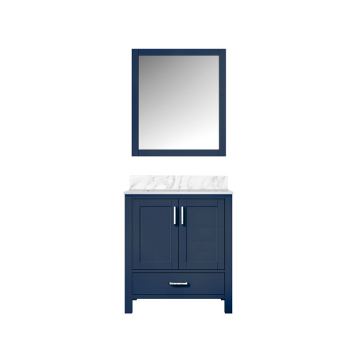 Lexora LJ342230SEDSM28 Jacques 30 in. W Navy Blue Bath Vanity Cabinet, Carrara Marble Top, and 28 in. Mirror