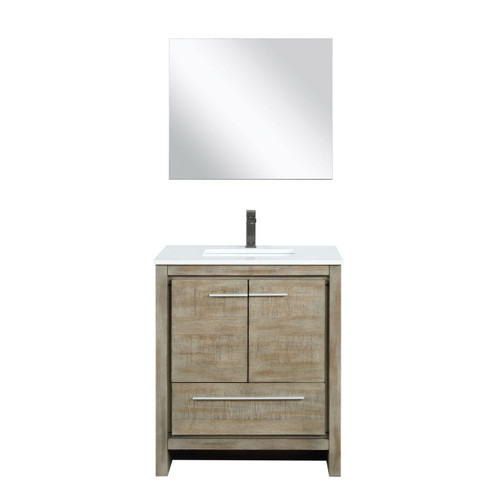 Lexora Lafarre 30 inch W x 20 in D Rustic Acacia Bath Vanity Cabinet, White Quartz Top, Gun Metal Faucet Set and 28 in Mirror