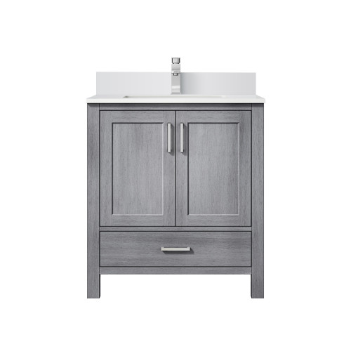 Lexora LVJ30SD201 Jacques 30 in. W Distressed Grey Bath Vanity Cabinet, White Quartz Top, and Faucet Set
