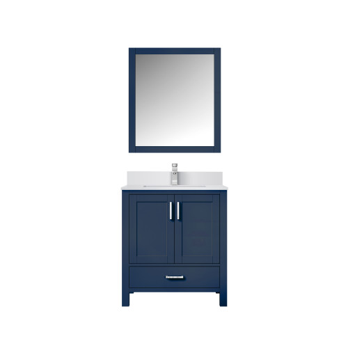 Lexora LVJ30SE311 Jacques 30 in. W Navy Blue Bath Vanity Cabinet, Cultured Marble Top, Faucet Set, and 28 in. Mirror