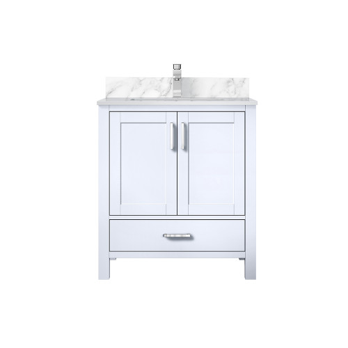 Lexora Jacques 30 in. W White Bath Vanity Cabinet, Carrara Marble Top, and Faucet Set