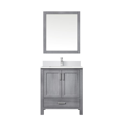 Lexora Jacques 30 in. W Distressed Grey Bath Vanity Cabinet, Cultured Marble Top, Faucet Set, and 28 in. Mirror
