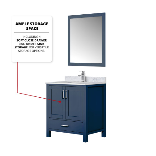 Lexora  LJ342230SEDSM28F Jacques 30 in. W x 22 in. D Navy Blue Bath Vanity, Carrara Marble Top, Faucet Set, and 28 in. Mirror