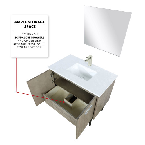 Lexora  LLC36SKSOS000FBN Lancy 36 in W x 20 in D Rustic Acacia Bath Vanity, White Quartz Top and Brushed Nickel Faucet Set