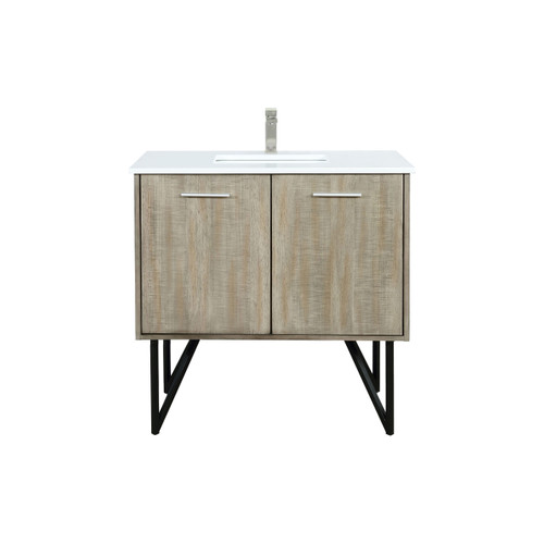 Lexora LLC36SKSOS000FBN Lancy 36 inch W x 20 in D Rustic Acacia Bath Vanity Cabinet, White Quartz Top and Brushed Nickel Faucet Set