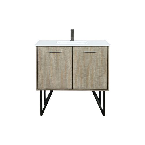 Lexora Lancy 36 inch W x 20 in D Rustic Acacia Bath Vanity Cabinet, White Quartz Top and Gun Metal Faucet Set