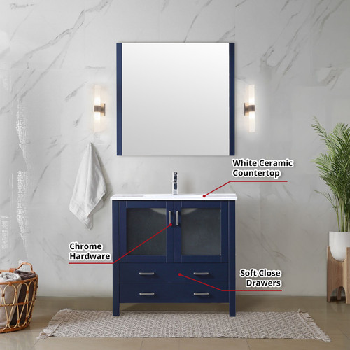 Lexora Volez 36 inch W Navy Blue Vanity Cabinet with Side Cabinet, and White Ceramic Top