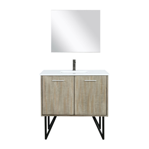 Lexora Lancy 36 inch W x 20 in D Rustic Acacia Bath Vanity Cabinet, White Quartz Top, Gun Metal Faucet Set and 28 in Mirror
