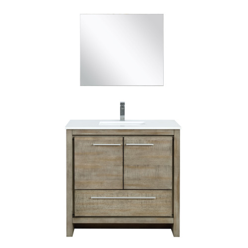 Lexora LLF36SKSOSM28FCH Lafarre 36 inch W x 20 in D Rustic Acacia Bath Vanity Cabinet, White Quartz Top, Chrome Faucet Set and 28 in Mirror