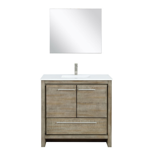 Lexora LLF36SKSOSM28FBN Lafarre 36 inch W x 20 in D Rustic Acacia Bath Vanity Cabinet, White Quartz Top, Brushed Nickel Faucet Set and 28 in Mirror