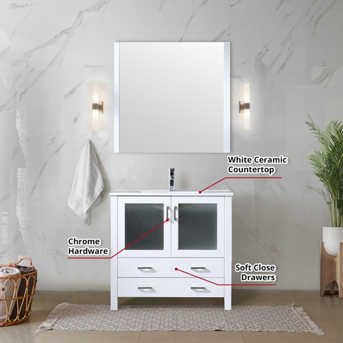 Lexora  LV341836SAESM22 Volez 36 in W x 18.25 in D White Bath Vanity with Side Cabinet and 22 in Mirror