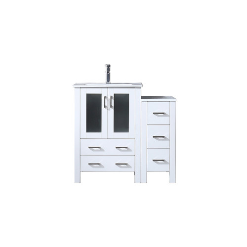 Lexora LVV36S24A601 Volez 36 inch W White Vanity Cabinet with Side Cabinet, White Ceramic Top, and Faucet Set