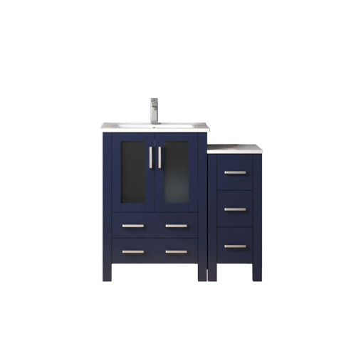 Lexora Volez 36 inch W Navy Blue Vanity Cabinet with Side Cabinet, White Ceramic Top, and Faucet Set