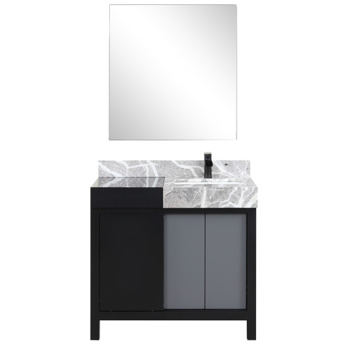 Lexora Zilara 36 inch W Black and Grey Bath Vanity Cabinet, Castle Grey Marble Top, Matte Black Faucet Set and 30 in Mirror