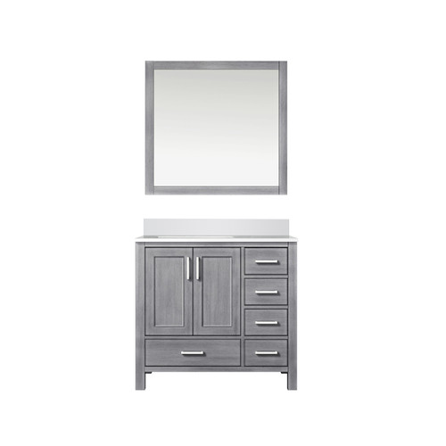 Lexora LVJ36SD310L Jacques 36 in. W Left Offset Distressed Grey Bath Vanity Cabinet, Cultured Marble Top, and 34 in. Mirror