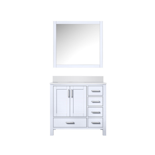 Lexora Jacques 36 in. W Left Offset White Bath Vanity Cabinet, Cultured Marble Top, and 34 in. Mirror