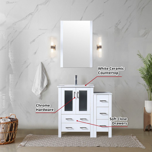 Lexora  LV341836SAESM22F Volez 36 in W x 18.25 in D White Bath Vanity with Side Cabinet, Faucet Set, and 22 in Mirror