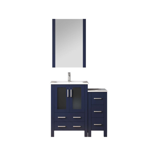 Lexora Volez 36 inch W Navy Blue Bath Vanity Cabinet with Side Cabinet, Faucet Set, and 22 in Mirror