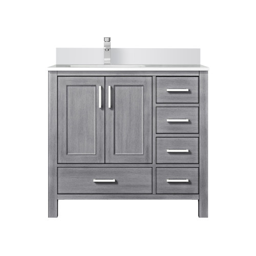 Lexora Jacques 36 in. W Left Offset Distressed Grey Bath Vanity Cabinet, Cultured Marble Top, and Faucet Set