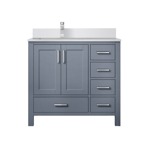 Lexora LVJ36SB201L Jacques 36 in. W Left Offset Dark Grey Bath Vanity Cabinet, White Quartz Top, and Faucet Set