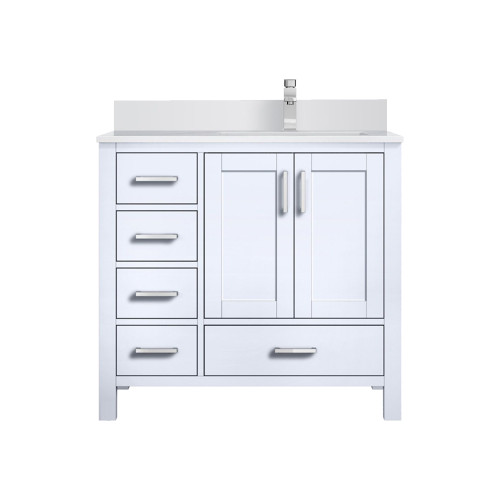 Lexora Jacques 36 in. W Right Offset White Bath Vanity Cabinet, Cultured Marble Top, and Faucet Set