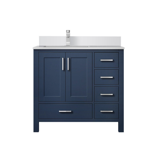 Lexora Jacques 36 in. W Left Offset Navy Blue Bath Vanity Cabinet, White Quartz Top, and Faucet Set