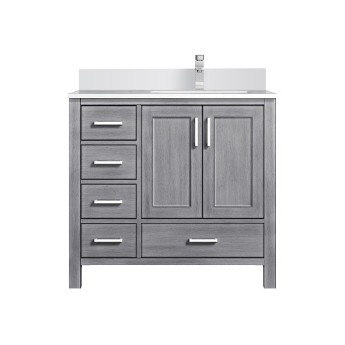 Lexora Jacques 36 in. W Right Offset Distressed Grey Bath Vanity Cabinet, Cultured Marble Top, and Faucet Set
