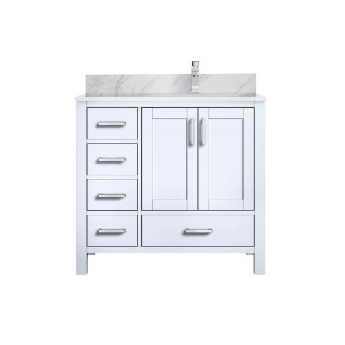 Lexora LVJ36SA101R Jacques 36 in. W Right Offset White Bath Vanity Cabinet, Carrara Marble Top, and Faucet Set