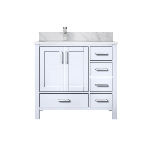 Lexora Jacques 36 in. W Left Offset White Bath Vanity Cabinet, Carrara Marble Top, and Faucet Set