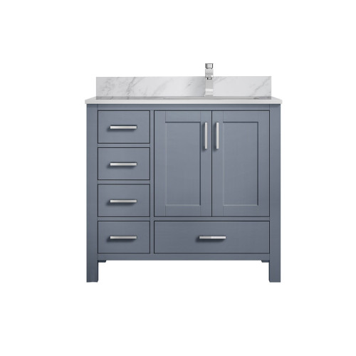 Lexora Jacques 36 in. W Right Offset Dark Grey Bath Vanity Cabinet, Carrara Marble Top, and Faucet Set