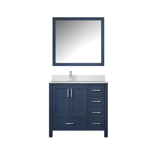 Lexora Jacques 36 in. W Left Offset Navy Blue Bath Vanity Cabinet, Cultured Marble Top, Faucet Set, and 34 in. Mirror