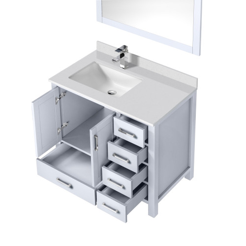 Lexora  LVJ36SA311L Jacques 36 in. W x 22 in. D Left Offset White Bath Vanity, Cultured Marble Top, Faucet Set, and 34 in. Mirror