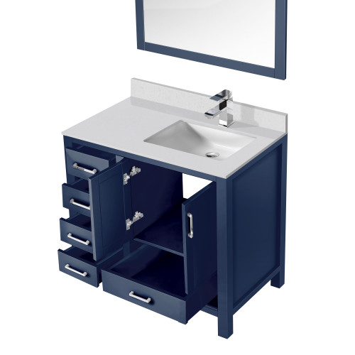 Lexora  LVJ36SE311R Jacques 36 in. W x 22 in. D Right Offset Navy Blue Bath Vanity, Cultured Marble Top, Faucet Set, and 34 in. Mirror