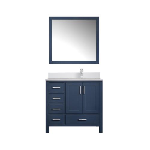 Lexora Jacques 36 in. W Right Offset Navy Blue Bath Vanity Cabinet, Cultured Marble Top, Faucet Set, and 34 in. Mirror