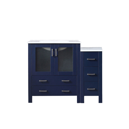 Lexora Volez 42 inch W Navy Blue Vanity Cabinet with Side Cabinet, and White Ceramic Top