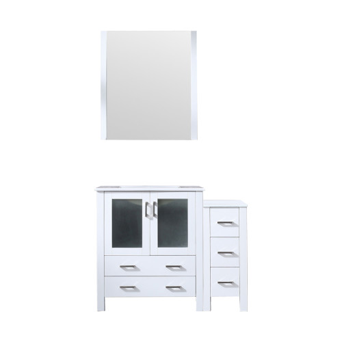 Lexora Volez 42 inch W White Bath Vanity Cabinet with Side Cabinet, White Ceramic Top, and 28 in Mirror