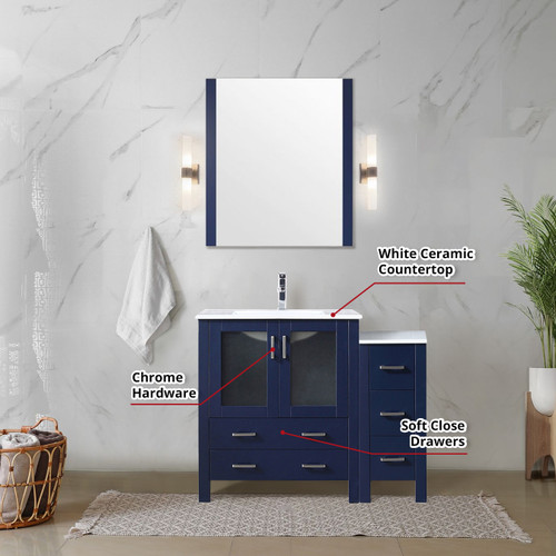 Lexora  LV341842SEESM28 Volez 42 in W x 18.25 in D Navy Blue Bath Vanity with Side Cabinet, White Ceramic Top, and 28 in Mirror