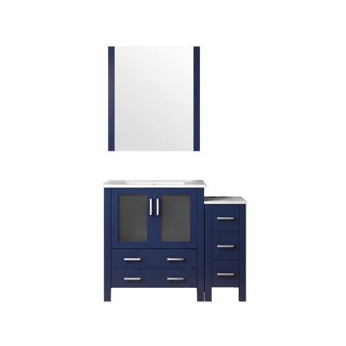 Lexora Volez 42 inch W Navy Blue Bath Vanity Cabinet with Side Cabinet, White Ceramic Top, and 28 in Mirror