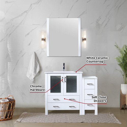 Lexora  LV341842SAESM28F Volez 42 in W x 18.25 in D White Bath Vanity with Side Cabinet, Faucet Set, White Ceramic Top, and 28 in Mirror