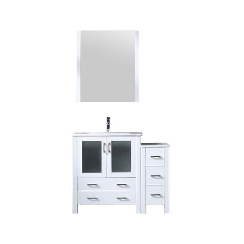 Lexora LV341842SAESM28F Volez 42 inch W White Bath Vanity Cabinet with Side Cabinet, Faucet Set, White Ceramic Top, and 28 in Mirror