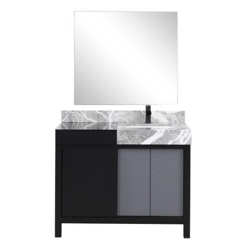 Lexora Zilara 42 inch W Black and Grey Bath Vanity Cabinet, Castle Grey Marble Top, Matte Black Faucet Set and 34 in Mirror