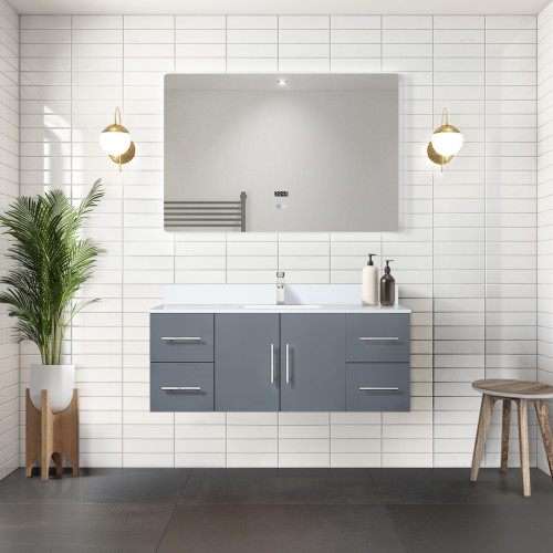 Lexora LVG48SB301 Geneva 48 in. W Dark Grey Wall Mount Bath Vanity Cabinet, Cultured Marble Top, and Faucet Set
