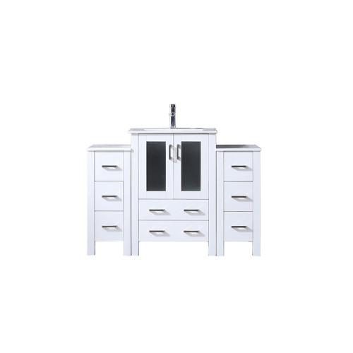 Lexora Volez 48 inch W White Vanity Cabinet with Side Cabinets, White Ceramic Top, and Faucet Set