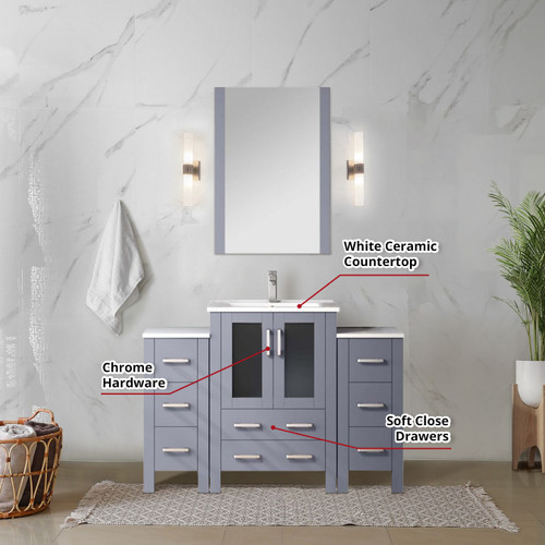 Lexora  LVV48S24B601 Volez 48 in W x 18.25 in D Dark Grey Single Bath Vanity with Side Cabinets, White Ceramic Top, and Faucet Set