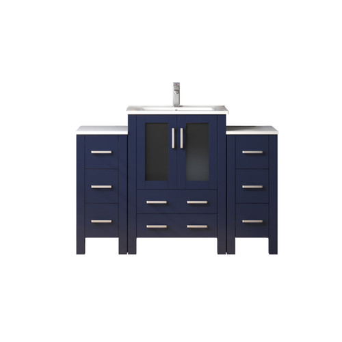 Lexora LVV48S24E601 Volez 48 inch W Navy Blue Vanity Cabinet with Side Cabinets, White Ceramic Top, and Faucet Set