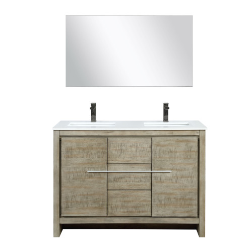 Lexora LLF48SKSOSM43FGM Lafarre 48 inch W x 20 in D Rustic Acacia Double Sink Vanity Cabinet, White Quartz Top, Gun Metal Faucet Set and 43 in Mirror