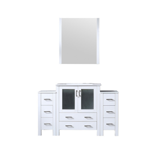 Lexora Volez 54 inch W White Bath Vanity Cabinet with Side Cabinets, White Ceramic Top, and 28 in Mirror