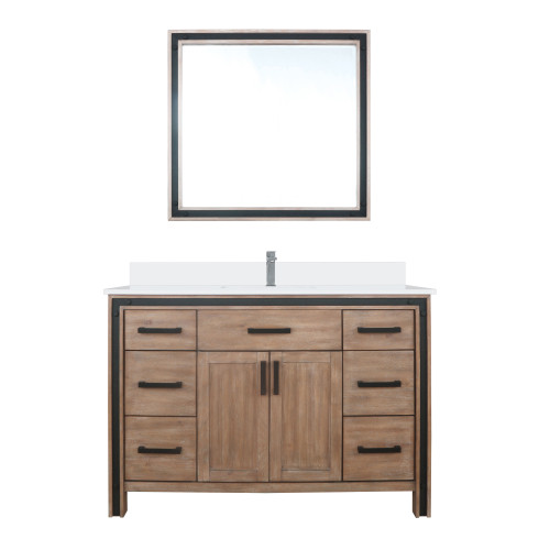 Lexora LVZV48SN211 Ziva 48 inch W Rustic Barnwood Bath Vanity Cabinet, White Quartz Top, Faucet Set and 34 in Mirror